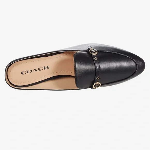 COACH BLACK ALL LEATHER IRENE MULE LOAFER EITH GOLD LOGO & HARDWARE, SIZE 7-B - Picture 2 of 16